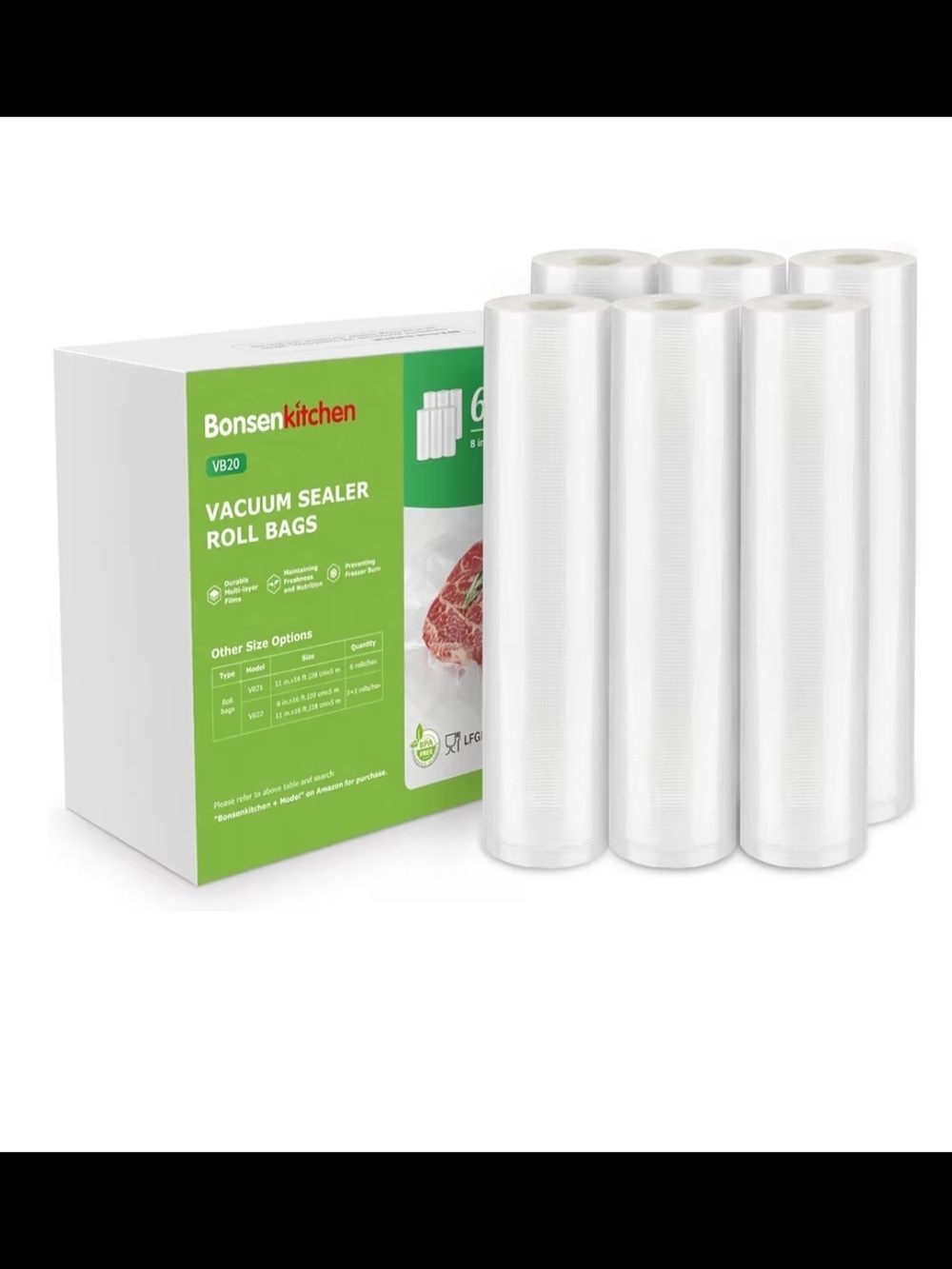 2025 Upgraded] Bonsenkitchen 6 Rolls 8" x 16' Vacuum Sealer Bags for Food